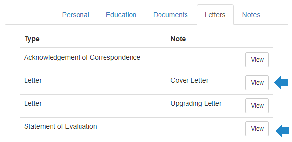 Screenshot example from QECO Applications webpage showing the "Letters" tab. The "Cover Letter" and "Statement of Evaluation" entries are highlighted.