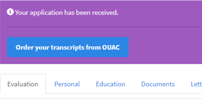 Screenshot of QECO Applications main account page, featuring a button which is labelled: "Order Your Transcripts From OUAC"
